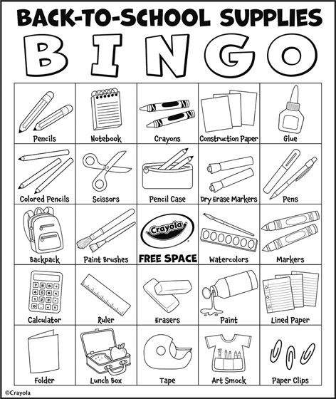 School Supplies Coloring Pages, Back To School Bingo, Crayon Crafts, Paper Folder, Bingo Printable, Paper Glue, Paint Line, Kids Games, Preschool Ideas