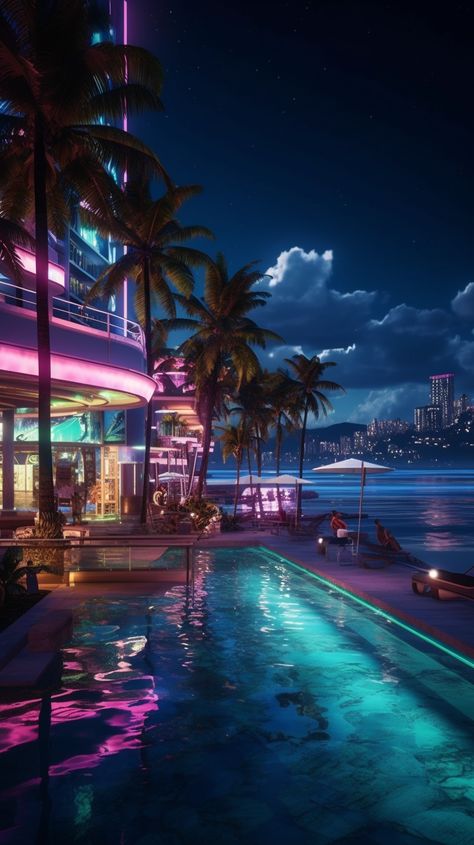 Swim in the sea or the pool? This cyberpunk beach resort AI artwork is made possible with Midjourney. Cyberpunk Utopia, Cyberpunk Beach, Beach City Aesthetic, Beach Resort Aesthetic, Cyberpunk Landscape, Cyberpunk House, Resort Aesthetic, Anime Beach, Skimmer Pool