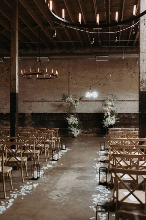 Warehouse Wedding Ceremony, Industrial Wedding Ceremony, Industrial Modern Wedding, Romantic Reception, Wedding Ceremony Inspiration, Monochromatic Wedding, Industrial Wedding Inspiration, Industrial Wedding Decor, Monochrome Wedding