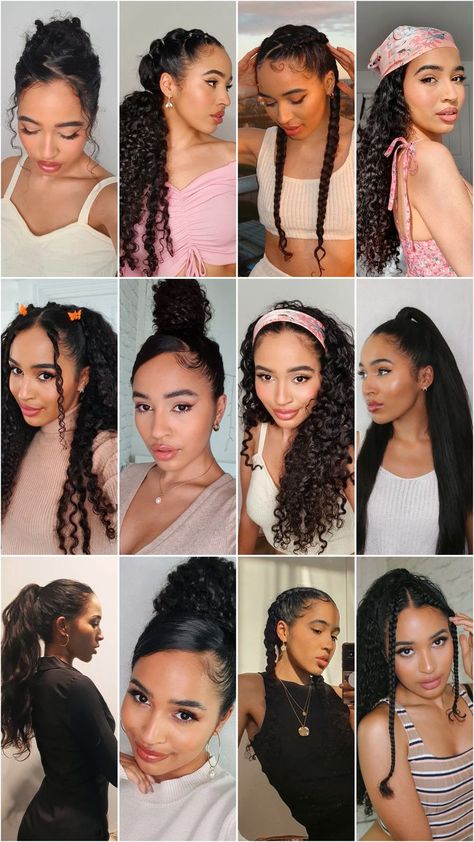 A grid showing 12 photos of Lana in 12 different curly hairstyles. Including a messy bun with zig zag parting, bubble braids, zig zag cornrows, a hair scarf tied over the top, a cute hairstyled with butterfly hairclips, a skinny top knot styled bun with swooping side bang, a satin headband, a sleek half up-half down, a messy wavy ponytail, a thick bun with barbie fringe, passion braids, and a half-up/hald-down hairstyle with two cornrows coming downward to frame her face. Cute Summer Hairstyles For Teens, Lana Summer, Glam Hairstyles, Curly Hair Up, Quick Curly Hairstyles, Hairstyles Drawing, Afro Hair Care, Cute Summer Hairstyles, Formal Hairstyles For Long Hair