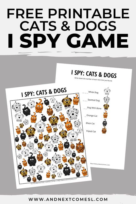 This free animal I spy printable game is perfect for kids who love cats and dogs! They'll love searching and counting for the different cats and dogs. #ispyprintable #ispygames Cat Games For Kids, I Spy Printable, Spy Games For Kids, Different Cats, I Spy Games, Spy Games, Dog Games, Kitty Games, Printable Game