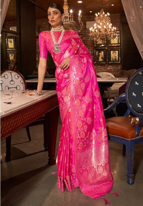 Rani Pink Handloom Weaving Pure Satin Saree Pink Color Saree, Thread Tassels, Reception Saree, Rani Pink, Handloom Weaving, Designer Silk Sarees, Color Blouse, Lehenga Choli Online, Ethnic Sarees