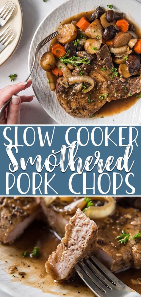 Pork Chops And Vegetables, Slow Cooker Smothered Pork Chops, White Asparagus Recipes, Vegetable Slow Cooker, Roasted Root Veggies, Smothered Pork, Seared Pork Chops, Crockpot Pork Chops, Slow Cooker Pork Chops