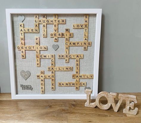 Scrabble Tile Gifts, Wooden Letter Ideas, Scrabble Frames, Scrabble Art Frame, Teacher Retirement Parties, Sarah Jackson, Scrabble Frame, Scrabble Art, Dog Frames