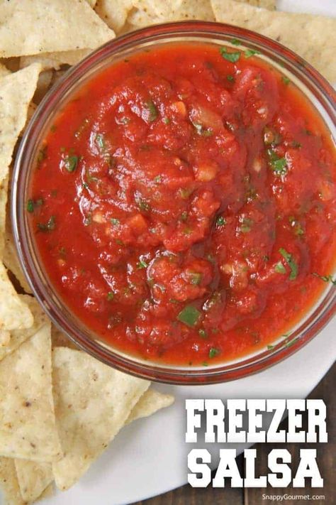 Freezer Salsa, an easy homemade salsa recipe with canned tomatoes and other simple ingredients. This chunky salsa is a healthy snack or appetizer. Serve with veggies or tortilla chips for dipping! Recipe @SnappyGourmet.com #SnappyGourmet #Salsa #Mexican #Snack Salsa Recipe For Freezing, Easy Freezer Salsa Recipe, Salsa Recipe Using Canned Tomatoes, Freezer Salsa, Chunky Salsa Recipe, Salsa With Canned Tomatoes, Easy Homemade Salsa Recipe, Salsa Canning Recipes, Easy Homemade Salsa