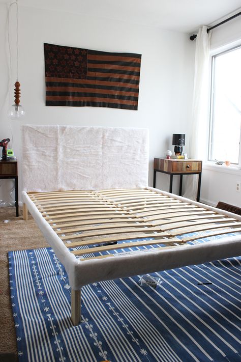 DIY Ikea Hack Upholstered Bed — Lauren Koster Creative Upholstered Bed Frame Diy, Ikea Tarva Bed Hack, Tarva Ikea Bed, Tarva Bed Frame Hack, Upholstered Beds Diy, Tarva Bed Frame, Diy Upholstered Bed Frame, Tarva Bed, Bed Frame Hack