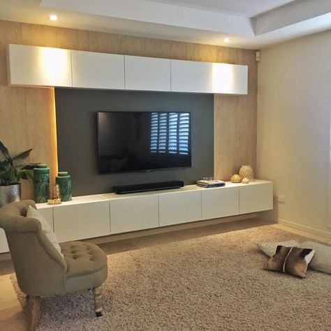 Floating Media Console, Tv Wall Panel, Feature Wall Living Room, Ikea Living Room, Living Room Tv Unit Designs, Living Room Tv Unit, Living Room Console, Tv Room Design, Tv Wall Unit