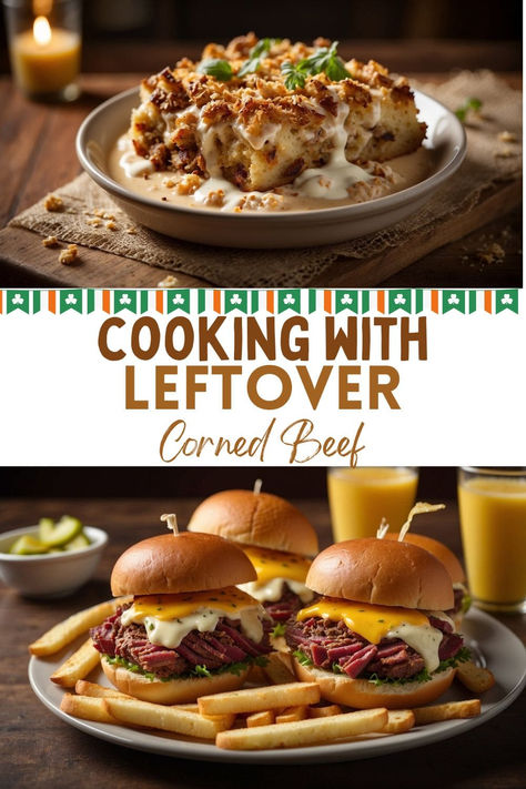 A collage of two food dishes. The top side shows a reuben bread pudding. The bottom side shows a plate of corned beef sliders on a table with a side of french fries. Corned Beef Recipe, Comforting Casseroles, Comfort Casseroles, Corned Beef Recipes, Beef Recipe, Corned Beef, Recipe Collection, Second Life, Repurpose