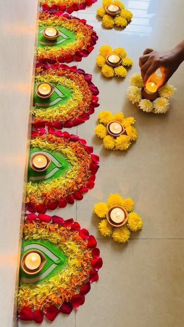 Flower Rangoli Designs Simple, Welcome Rangoli, Floral Rangoli, Mehndi Decoration, Flower Rangoli Designs, Bun Ideas, Simple Flower Rangoli, Diwali Ideas, Flowers Rangoli