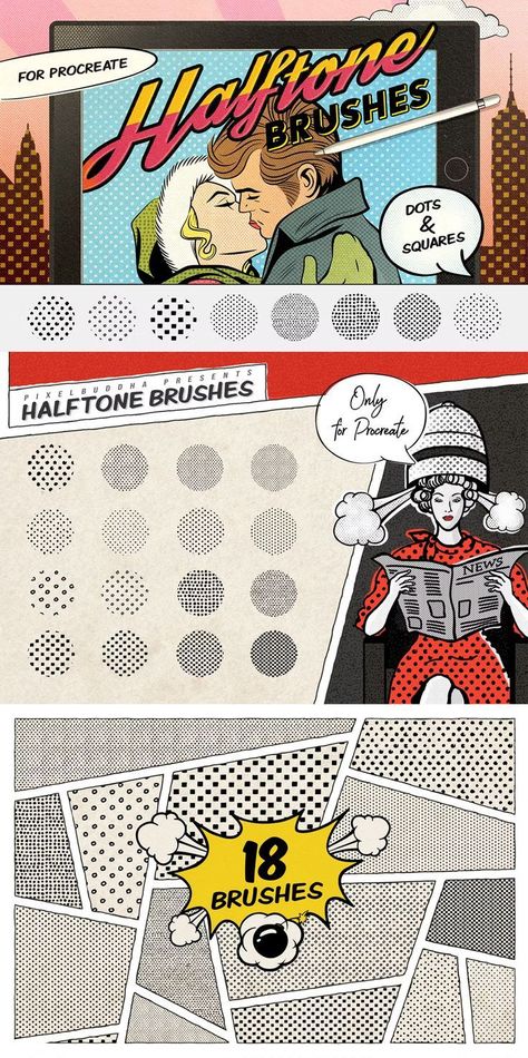 Dots & Squares Procreate Brushes Photoshop Comic Brushes, Halftone Graphic Design, Comic Dots, Halftone Comic, Halftone Photoshop, Comic Halftone, Halftone Poster, Halftone Graphic, Halftone Art