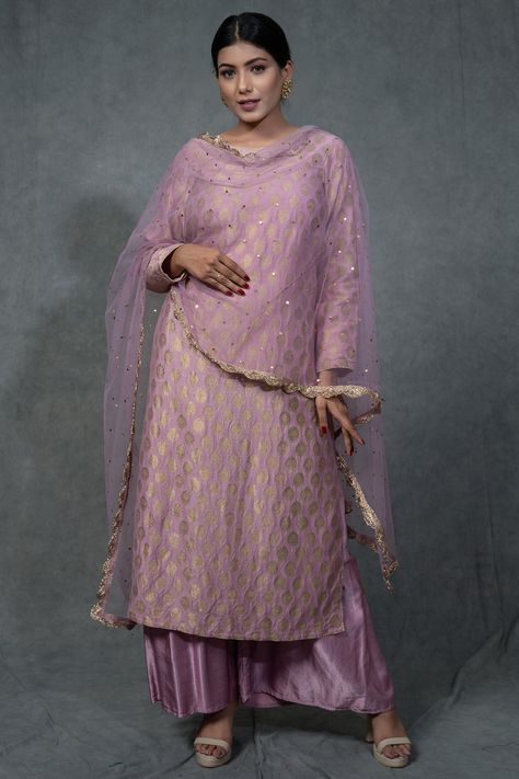 Featuring a lilac pink kurta in moonga silk base with hand embroidery. It is paired with matching gajji silk palazzo pants and a net dupatta.  FIT: Fitted at bust and waist. COMPOSITION: Moonga silk, Gajji silk, Net. CARE: Dry clean only. Pink Sherwani, Pink Kurta, Sharara Suits, Add Sleeves, Lilac Pink, Net Dupatta, Indian Fashion Designers, Pernia Pop Up Shop, Sherwani