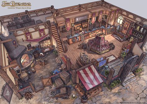 ArtStation - Blacksmith & Weapon shop Cutaway, (Roger) Mohamed Sidi El Moustaph Fantasy Blacksmith Shop, Fantasy Isometric, Fantasy Inn, Interior Concept Art, Fantasy Shop, Dungeon Master's Guide, Dnd Stuff, Medieval Houses, Building Concept