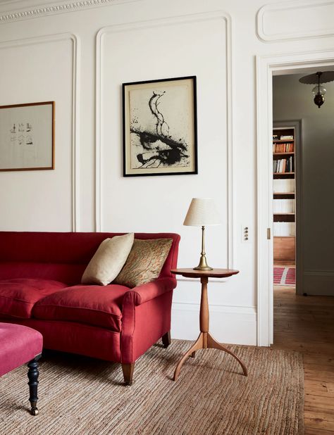 A serene, refined and artfully simple London house by Jessica Summer | House & Garden Sitting Room Interior Design, Pink Ottoman, Summer House Garden, Paint And Paper Library, Green Armchair, Bedroom Red, London House, Uk Photos, Victorian House