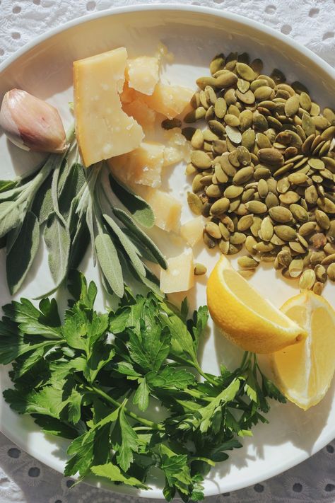 Winter Sage and Pumpkin Seed Pesto - Caroline Franco Pumpkin Seed Pesto, Pineapple Sage, Toasted Pumpkin Seeds, Roasted Pumpkin, Roasted Pumpkin Seeds, Pumpkin Seed, Vegetarian Cheese, Pumpkin Seeds, Healthy Eats