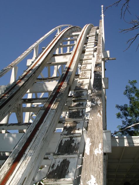 First drop on Roller Coaster in abandoned Joyland Amusement Park in Wichita KS Old Amusement Park, Joyland Amusement Park, Theme Park Abandoned, Old Roller Coaster, Amusement Park Abandoned, Kansas Usa, Wooden Roller Coaster, Abandoned Theme Parks, Wichita Kansas