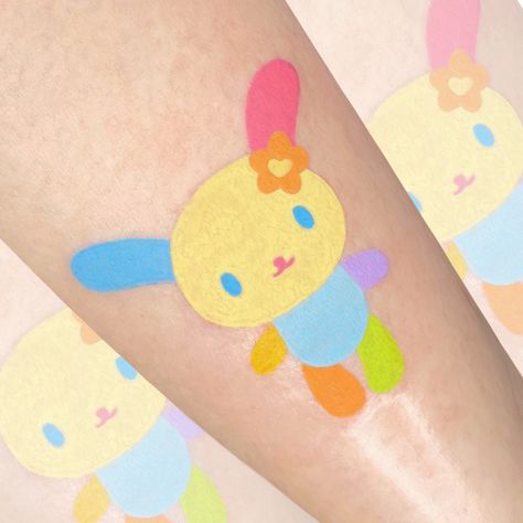 Kawaii Tattoo Black Skin, Cutecore Tattoo, Kaomoji Tattoo, Kawaii Tattoo Flash, Sanrio Tattoos, Kawaii Tattoos, Pastel Tattoo, Strawberry Tattoo, Bright Tattoos