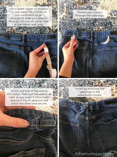 fix waistband gap on jeans with elastic Gap In Back Of Jeans, Fix Gap In Jeans, How To Fix Back Gap In Jeans, Jeans With Elastic Waistband, Diy Elastic Waistband Jeans, Alter Jeans Waistband, Adding Elastic To Jeans Waist, Altering Jeans Waistband Smaller, Resize Pants