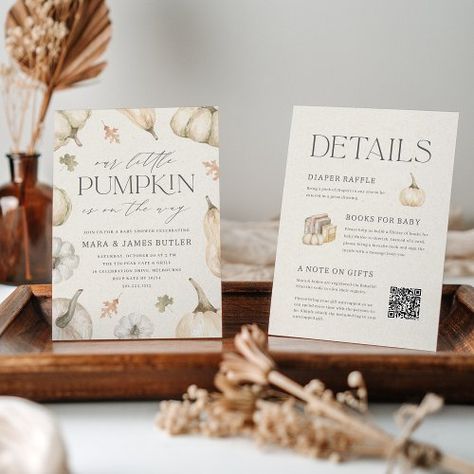 $2.77 | Rustic White Pumpkins All in One Baby Shower | Baby Shower Invitations | cute halloween baby shower, autumn baby shower, fall leaves, white pumpkins, our little pumpkin, is on the way, rustic earth tones, gender neutral fall baby shower, couples baby shower, qr code registry Baby Shower Couples, Gender Neutral Invitations, Pumpkin Books, Fall Baby Shower Invites, Baby Cooking, Gender Neutral Baby Shower Invitations, Couples Baby Showers, Rustic Pumpkin, Ivory Background