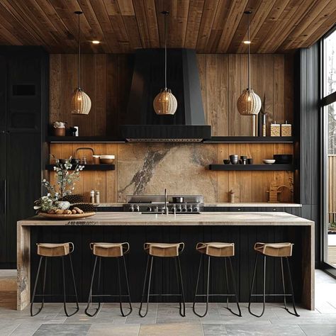 Wood Paneling Backsplash Kitchen, Kitchen Ideas No Upper Cabinets, Wood And Black Kitchen Cabinets, Wood Paneling Kitchen, Black And White Oak Kitchen, Black And Natural Wood Kitchen, Kitchen Paneling, Paneling Kitchen, Loft Decorating