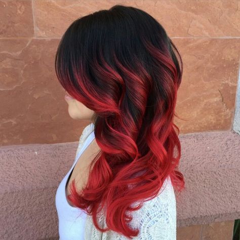 Yes! Bright Red Hair With Lowlights, Bright Red Hair With Black Roots, Red On Top Black On Bottom Hair, Red And Black Hair Color Ideas, Red Ombre Hair Color For Brunettes, Red Tipped Hair, Black To Red Balayage, Bright Red Highlights In Brown Hair, Red Ends On Brown Hair