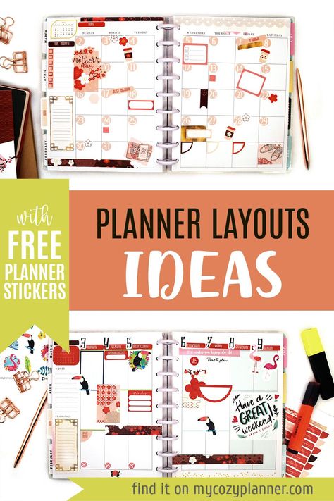 5 Happy Planner layout ideas with FREE stickers! | Monthly Printable Planner by  Myrna Allen Simple Happy Planner Spreads, Happy Planner Decorating Ideas, Happy Planner Ideas Inspiration, Happy Planner Inspiration, Happy Planner Monthly Layout Ideas, Happy Planner Layout Ideas, Planner Decorating Ideas, Planner Layout Ideas, Happy Planner Layouts