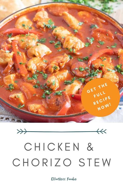 A rich and hearty Spanish-style chicken and chorizo stew recipe. Quick, easy, and on the table in just 30 minutes, making it an ideal meal for busy weeknights! Portuguese Chorizo Recipes, Chicken And Chorizo Rice, Chicken And Chorizo Recipes, Chicken Chorizo Stew, Spanish Chicken And Chorizo, Chorizo Stew, Chorizo Soup, Chorizo Recipe, Spanish Chorizo