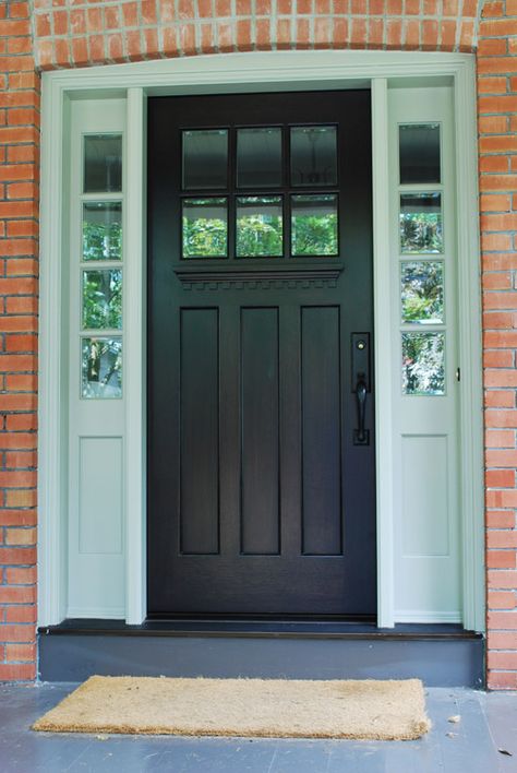 front doors with sidelights | front door designs that never go out of style - Custom Wood Doors ... Black Front Door With Sidelights, Amberwood Doors, Craftsman Front Door, Craftsman Front Doors, Entry Door With Sidelights, Single Entry Doors, Black Front Door, Castle Doors, Front Door Styles