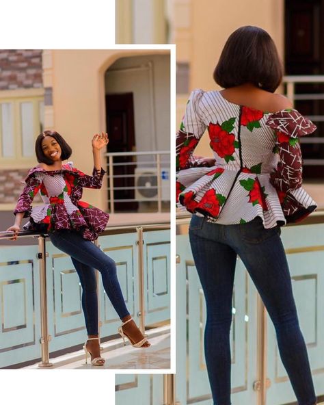 Ankara Tops Blouses With Jeans Classy, Traditional Tops African With Jeans, African Blouses With Jeans, Ankara Tops Blouses With Jeans, Blouses With Jeans, Ankara Tops With Jeans, Kitenge Tops, Ankara Tops Blouses, Ankara Top Styles