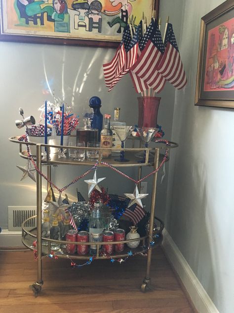 Patriotic 4th of July bar cart Wine Cart, Cart Decor, July Decor, Bar Cart Decor, Bar Cart, Holiday Fun, 4th Of July, Wine, Bar