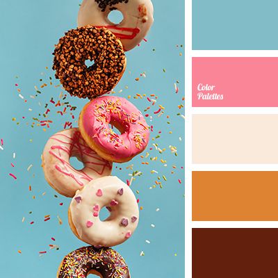 a pink, beige, blue colour, brown, color donuts, color selection for design, delicate beige, ginger, glaze color, heavenly, heavenly blue, reddish brown, saturated pink. Brown Pink Blue Color Palette, Sweet Colour Palette, Sweets Color Palette, Donut Color Palette, Sweet Color Palette, Pink And Brown Color Palette, Flat Bedroom, In Color Balance, Color Palette Ideas