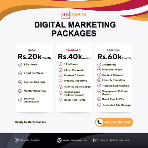 Digital Marketing Packages by Rs Innovas Are you looking for the cheapest digital marketing solutions? Rs Innovas provides you the most affordable packages in the market! Here are the details:** Basic Package - Rs. 20K/month:** - Platforms Covered:** Services for 3 social media platforms - Posting Frequency:** 2 posts per week to keep your audience engaged - Content Planning:** Comprehensive content calendar to plan your posts - Performance Tracking:** Monthly reporting to track the effecti... Marketing Packages, Social Media Packages, Digital Marketing Plan, Content Calendar, Content Planning, Content Calendars, Marketing Plan, Social Media Platforms, Digital Marketing