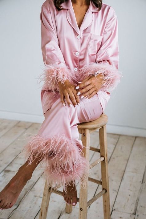 Pink Satin Pyjamas, Bridal Party Pyjamas, Pink Pyjama Party, Pyjamas Party Outfit, Pyjama Party Outfit, Brides Robes, Hangover Brunch, Feather Pyjamas, Bridal Pyjamas