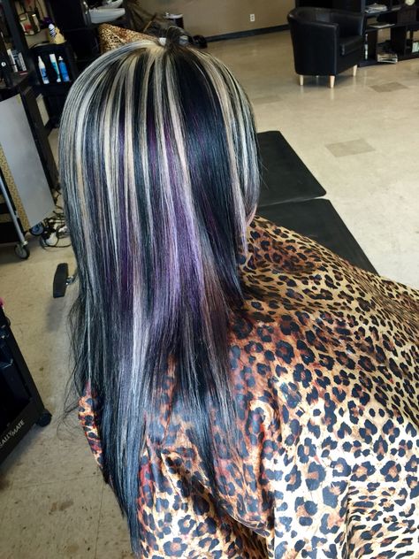 Hair by Heather blonde highlights. Purple peekaboos Purple Black Blonde Hair, Purple Black And Blonde Hair, Purple Blonde Black Hair, Purple Hair With Blonde Highlights, Purple And Blonde Highlights, Vampire Rockstar, Skunk Highlights, Dark Plum Hair, Highlights Purple