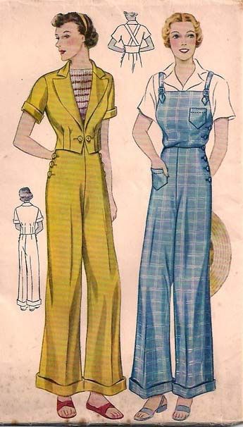 1930s Overalls & Jacket by Vintage Modiste, via Flickr-- Complete with a front patch pocket. I'm in love... Vintage Fashion 1930s, 1930 Fashion, Vintage Overalls, Women's Sportswear, Vintage Dress Patterns, Costume Patterns, 1930s Fashion, Simplicity Sewing Patterns, 1940s Fashion