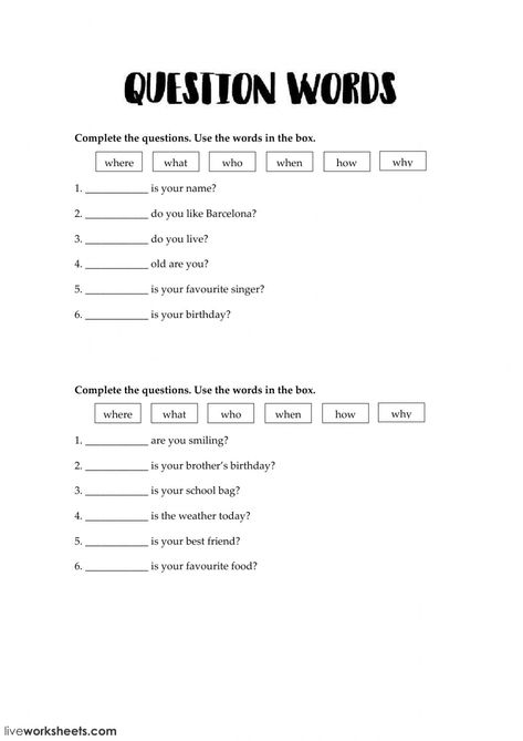 Wh Questions Kids, Question Words, English For Beginners, English Exercises, English Grammar Worksheets, Learning English For Kids, Wh Questions, English Worksheets For Kids, Kids English