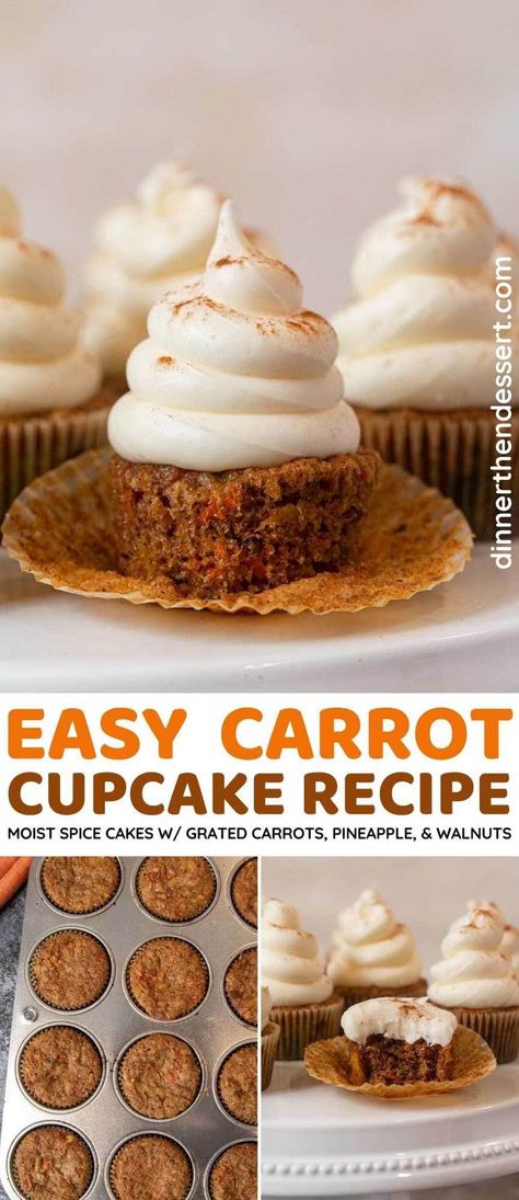 Easy Carrot Cupcakes are sweet and moist spice cupcakes made with grated carrots, crushed pineapple, and chopped walnuts with fluffy cream cheese frosting. These cupcakes are a perfect birthday party dessert. Easy Carrot Cake Cupcakes, Carrot Recipes Dessert, Carrot Cupcake Recipe, Moist Spice Cake, Fluffy Cream Cheese Frosting, Mini Carrot Cake, Simple Desserts, Moist Carrot Cakes, Mini Carrots