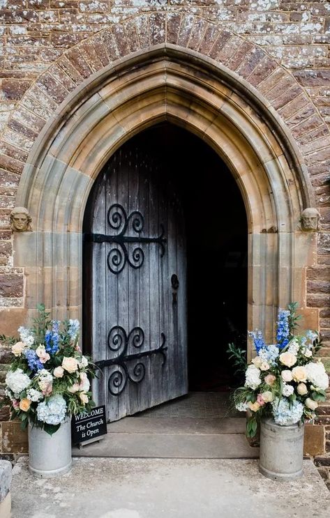 Chapel Door Wedding Decor, Church Door Wedding Decorations, Church Wedding Decorations Aisle Entrance, Church Flowers Wedding, Small Church Wedding Decorations, Church Pew Flowers, Chapel Flowers, Country Church Wedding, Rustic Church Wedding