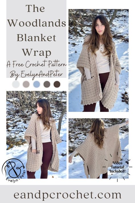 The Woodlands Blanket Wrap Crochet Pattern - Evelyn And Peter Crochet Crochet Wrap Pattern Free, Ruana Pattern, Wrap Crochet Pattern, Crocheted Sweaters, Crochet Shawl Patterns, Crochet Coats, Yarn Clothes, Woodland Blanket, Crochet Wrap Pattern