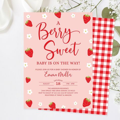 Baby Party Invitations, Sweet Baby Shower Ideas, Strawberry Baby, Printable Party Decorations, Strawberry Party, Baby Shower Invitaciones, Red Gingham, Invitation Sizes, Baby Shower Theme