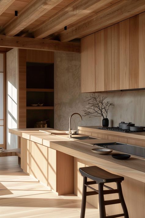 45 Japandi Kitchen Designs and Ideas to Copy - TastyInteriors Modern Japandi Kitchen, Japandi Interiors Kitchen, Japanese Inspired Kitchen, Organic Kitchen Design, Japanese Kitchen Design, Japandi Style Kitchen, Summer House Inspiration, Kitchen Japandi, Japandi Kitchen Design