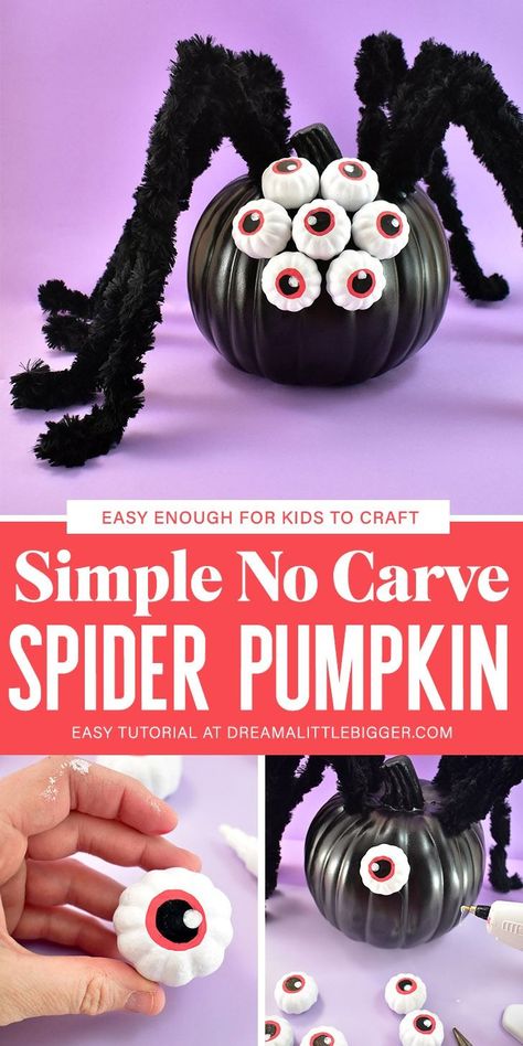 No Carve Spider Pumpkin Pumpkin Dream, Cement Pumpkins, Pumpkin Eyes, Spider Pumpkin, Pumpkin Decorating Contest, No Carve Pumpkin Decorating, Pumpkin Planter, Pumpkin Contest, Spider Crafts