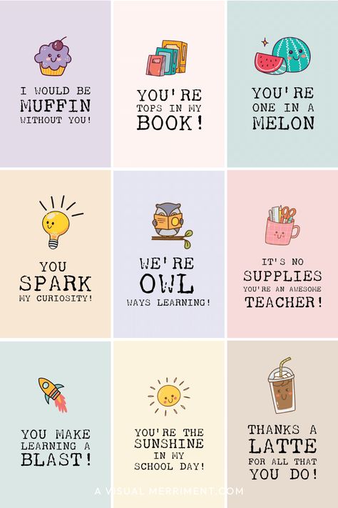 Are you looking for cute sayings for teacher appreciation handmade gifts, crafts and cards? This list of adorable puns will also give you some sweet craft ideas. They're short and sweet which makes them perfect for your projects. Great for preschool, kindergarten and older kids - Find them at A Visual Merriment | Words For Teacher, Thank A Teacher Quotes, Short Teacher Quotes, Teacher Gift Quotes, Teacher Thank You, Gift For Teacher, Thank A Teacher, Easy Teacher Gifts #teacher #appreciation Substitute Teacher Thank You, Thank A Teacher Quotes, Thank You Card For Teacher, Teacher Appreciation Quotes Inspiration, Cricut Storage Ideas, Short Teacher Quotes, Teacher Gift Quotes, National Teacher Appreciation Day, Words For Teacher