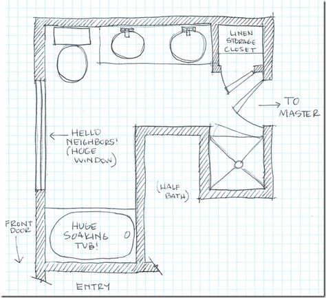 Master Bathroom Floorplan Sketch _ patti - when we start talking your master remodel, keep this layout in mind. Floor Plans Sketch, L Shaped Bathroom, Floor Plan Sketch, Affordable Bathroom Remodel, Bathroom Layout Ideas, Bathroom Layout Plans, Basement Bathroom Remodeling, Simple Bathroom Remodel, Cheap Bathroom Remodel