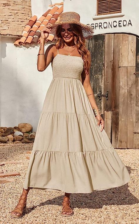 PRETTYGARDEN Women's Summer Maxi Dress Casual Boho Sleeveless Spaghetti Strap Smocked Tiered Long Beach Sun Dresses Maxi Dress Casual Boho, Wide Strap Dress, Vestidos Retro, Tiered Ruffle Skirt, Suspender Skirt, Beach Maxi Dress, Maxi Robes, Sleeves Clothing, Maxi Tank Dress