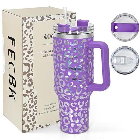 FECBK 40 oz Tumbler with Handle and Straw, 100% Leak-Proof Travel Mug, Stainless Steel Double Wall Vacuum Insulated Coffee Cup Keeps Cold For 34 Hours, Dishwasher Safe, Purple Leopard 40 Oz Tumblers, 40 Oz Tumbler With Handle, Vacuum Insulated Water Bottle, Glitter Tumbler Cups, 40 Oz Tumbler, Purple Leopard, Disposable Cups, Tumbler With Handle, 40oz Tumbler