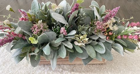 Please note: Some of the exact berries have been replaced with similar ones. This farmhouse planter box will look amazing on any table, mantle or shelf.  It is filled with Lambs Ear, Berries and Greenery. The size of the box is 12 x 4 x 4 and finishes out approximately 2 inches more.  Thanks for stopping by! Spring Mantle Garland, Ear Arrangement, Blue Hydrangea Centerpieces, Centerpiece For Dining Table, Dough Bowl Centerpiece, Fake Flower Arrangements, Wooden Centerpieces, Colored Mason Jars, Spring Flower Arrangements