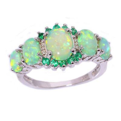 Fashion-Women-Green-Fire-Opal-amp-Emerald-Gems-Silver-Ring-Jewelry-Size-7-8-9-Gift Kelsey Rose, Jewelry Wishlist, Emerald Wedding Rings, Green Fire, Silver Diamond Ring, Green Opal, Gem Stones, Emerald Jewelry, Emerald Gemstone