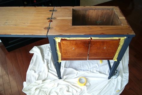 Sewing Cabinet Makeover - Canary Street Crafts Painted Sewing Cabinet, Painted Sewing Machine Cabinet, Sewing Cabinet Makeover, Old Sewing Cabinet, Wood Staining, Sewing Machine Cabinet, Furniture Redos, Sewing Cabinet, Furniture Ads