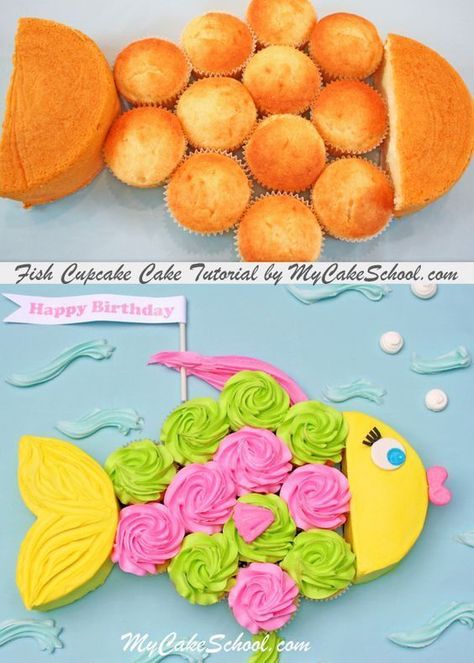 Fish Pull-Apart Cupcake Cake #cupcakes #fish #party #birthday #cake Pull Apart Cakes, Fishing Cupcakes, Pull Apart Cupcake, Fish Party, Pull Apart Cupcake Cake, Pull Apart Cake, Cake Pulls, Different Types Of Cakes, Cupcake Tutorial