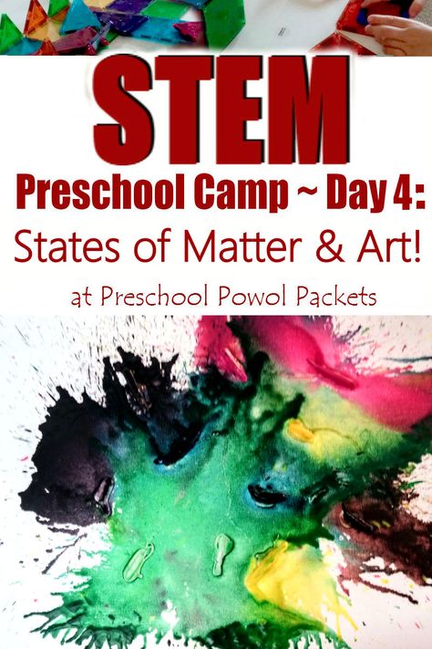 Preschool STEM camp! Learn about states of matter, a famous artist, read a book, make your own art, and more! Perfect for summer camps, homeschool, maker spaces, art lessons, preschoolers, and even older kids! Experiment Preschool, Wednesday Ideas, Matter Activities, Stem Camp, Preschool Weather, Mathematics Activities, Middle School Science Experiments, Stem Curriculum, Preschool Stem